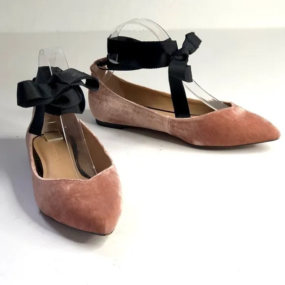 Banana Republic blush pink velvet pointy toe flats black ribbon ankle tie 7