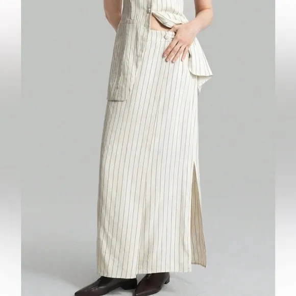 Set matching 2 piece Linen cream ivory striped button front vest &amp; midi skirt